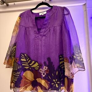 Tibi Purple Sheer Floral Blouse Size 6 100% silk